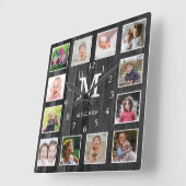 Black Wood 12 Photo Collage Family Name Monogram  Vierkante Klok (Hoek)