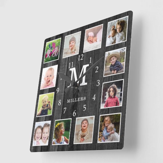 Black Wood 12 Photo Collage Family Name Monogram  Vierkante Klok (Hoek)