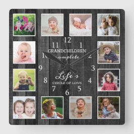 Black Wood 12 Photo Collage Grandchildren Quote Vierkante Klok