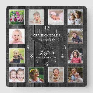Black Wood 12 Photo Collage Grandchildren Quote Vierkante Klok