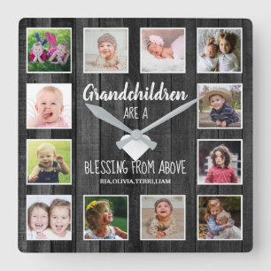 Black Wood 12 Photo Collage Grandchildren Quote Vierkante Klok