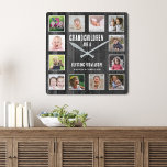 Black Wood 12 Picture Collage Grandchildren Quote Vierkante Klok<br><div class="desc">A rustic wood photo collage clock with a beautiful quote "Grandchildren are a blessing from above". Personalize with 12 family photos and names to make it a memorable keepsake gift for grandparents.</div>