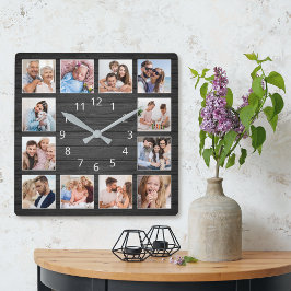 Black Wood Custom Photo Collage Elegant Vierkante Klok