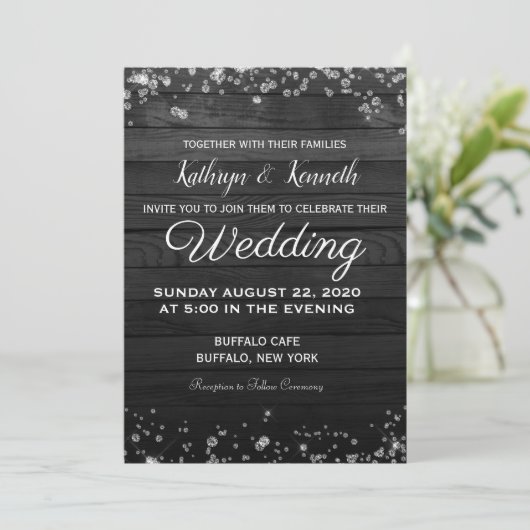 Black Wood Diamonds Wedding Uitnodiging (Staand voorkant)