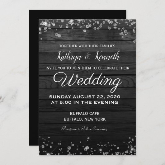 Black Wood Diamonds Wedding Uitnodiging (Voorkant / Achterkant)