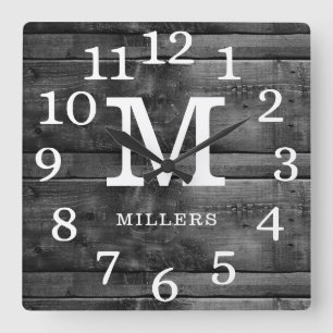 Black Wood Large Numbers Family Name Monogram Vierkante Klok