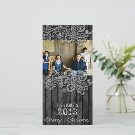 Black Wood Silver Country FotokerstKaart Feestdagenkaart (Staand voorkant)