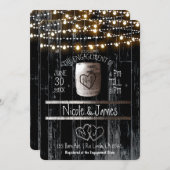 Black Wood String Lights Barrel Rustisch Verloving Kaart (Voorkant / Achterkant)