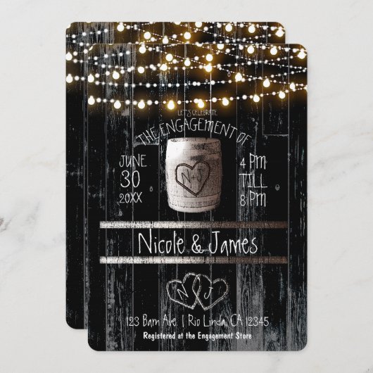 Black Wood String Lights Barrel Rustisch Verloving Kaart (Voorkant / Achterkant)