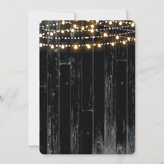 Black Wood String Lights Barrel Rustisch Verloving Kaart (Achterkant)