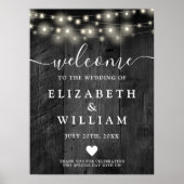 Black Wood String Lights Huwelijk Welkom Teken Poster (Voorkant)