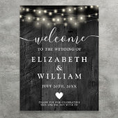 Black Wood String Lights Huwelijk Welkom Teken Poster