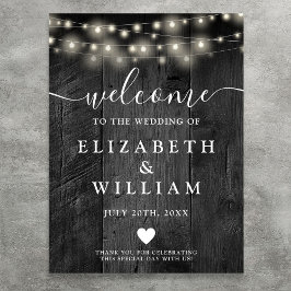 Black Wood String Lights Huwelijk Welkom Teken Poster