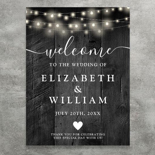 Black Wood String Lights Huwelijk Welkom Teken Poster