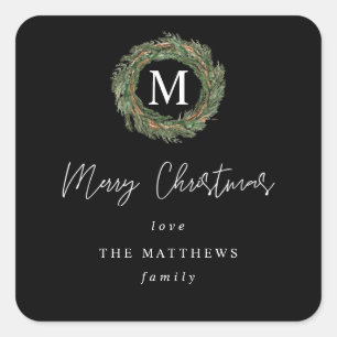 Black Wreate Monogram Merry Kerstcadeau Vierkante Sticker