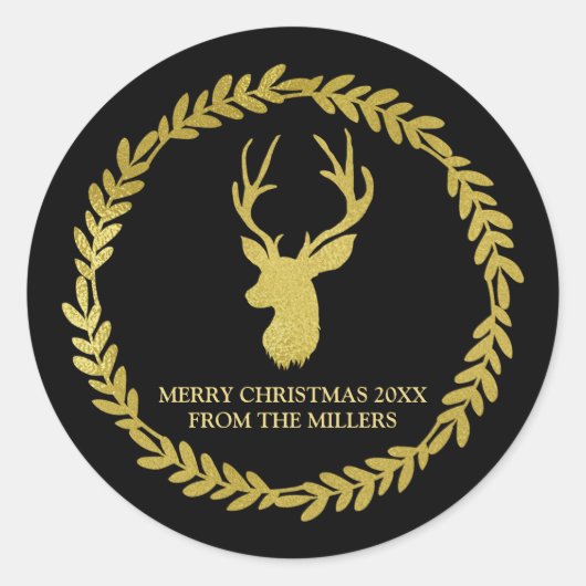 Black Wreater Gold Deer-kerst op maat Ronde Sticker (Voorkant)