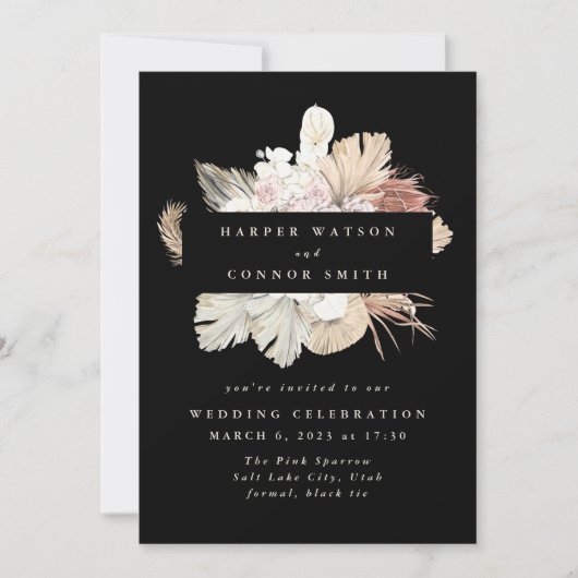 Black Wreath Pampas Grass Floral Oerwoud Wedding Kaart (Voorkant)