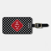 Black Wt Polka Dot Cranberry Quatrefoil 3 Monogram Bagagelabel (Voorkant horizontaal)
