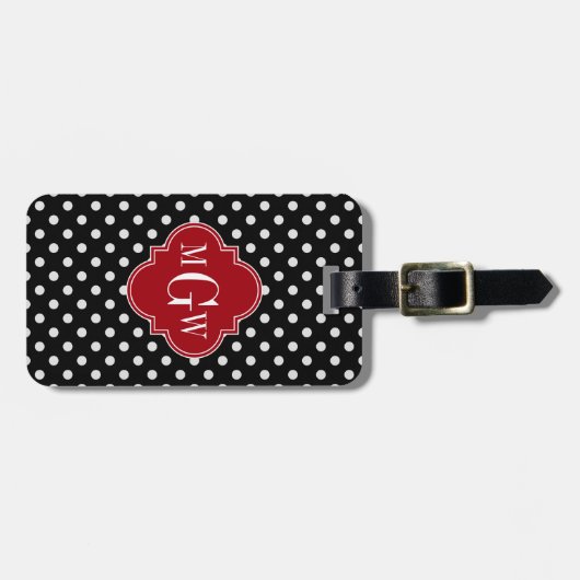 Black Wt Polka Dot Cranberry Quatrefoil 3 Monogram Bagagelabel (Voorkant horizontaal)