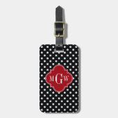 Black Wt Polka Dot Cranberry Quatrefoil 3 Monogram Bagagelabel (Voorkant verticaal)
