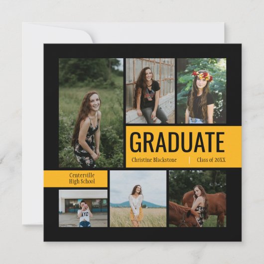 Black & Yellow 6 Foto Afstuderen Uitnodiging (Voorkant)