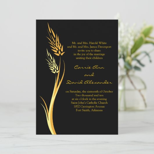 Black Yellow Autumn Wheat Wedding Invitation Kaart (Staand voorkant)