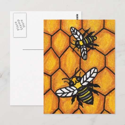 Black Yellow bijen White Wings on Golden Honeycomb Briefkaart (Voorkant / Achterkant)
