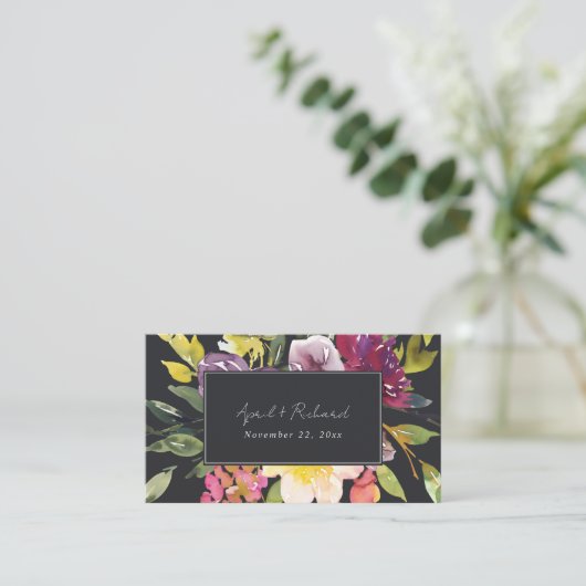 BLACK YELLOW BLUSH BURGUNDY FLORAL WEDDING WEBSITE VISITEKAARTJE (Staand voorkant)