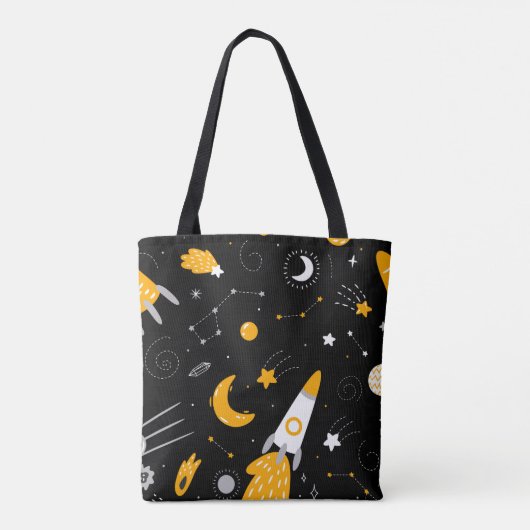 Black Yellow Buitenspace Stars Rocket Canvas tas (Achterkant)