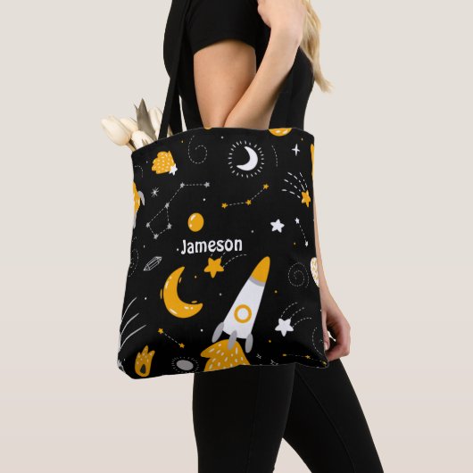Black Yellow Buitenspace Stars Rocket Canvas tas (Dichtbij)