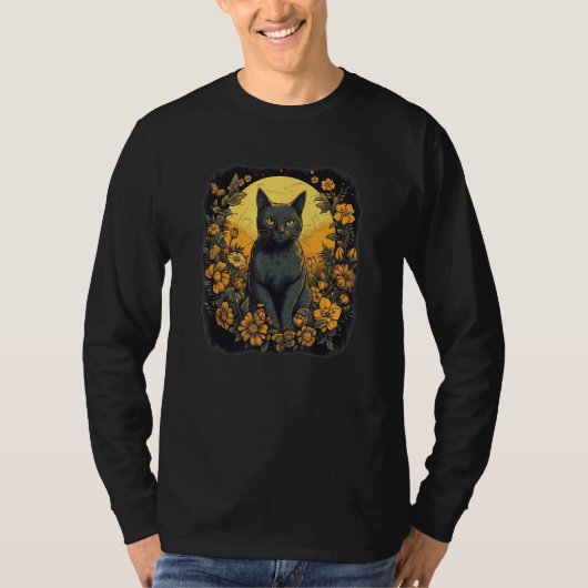 black yellow cat portrait with wild flowers and mo t-shirt (Voorkant)
