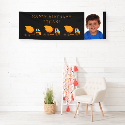 Black Yellow Cement Trucks Child Birthday Foto Spandoek (Insitu)