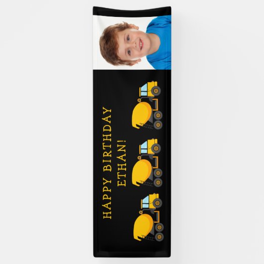 Black Yellow Cement Trucks Child Birthday Foto Spandoek (Verticaal)
