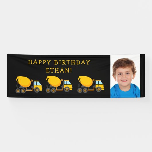 Black Yellow Cement Trucks Child Birthday Foto Spandoek (Horizontaal)
