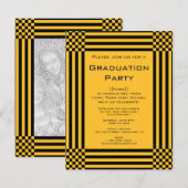 Black Yellow Checkers Stripes Afstudeerfeest Kaart (Voorkant / Achterkant)