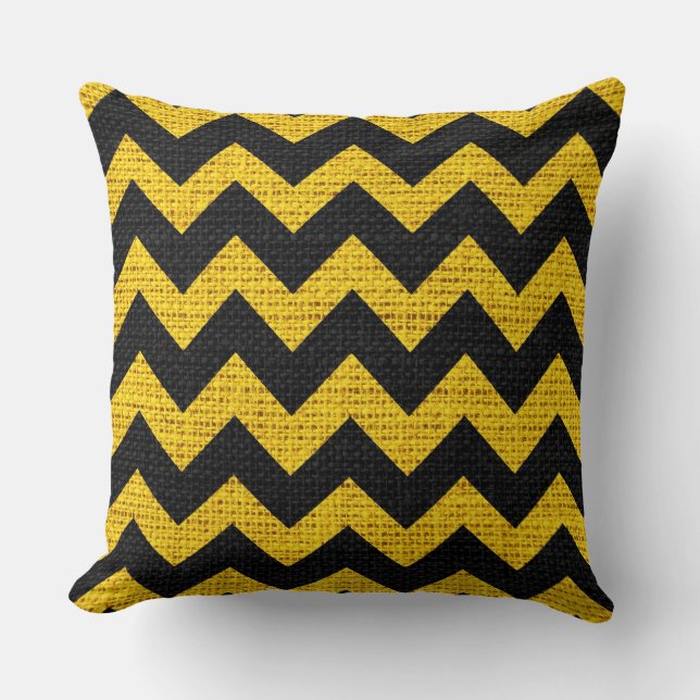 Black & Yellow Chevron Pattern Burlap Rustic Jute Kussen (Voorkant)
