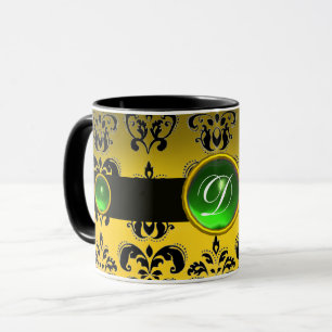 BLACK YELLOW DAMASK EMERALD GREEN GEM MONOGRAM MOK