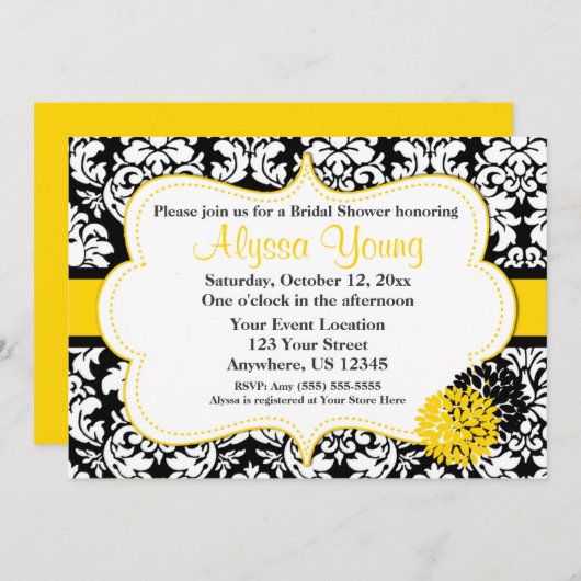 Black Yellow Damask-uitnodiging Kaart (Voorkant / Achterkant)