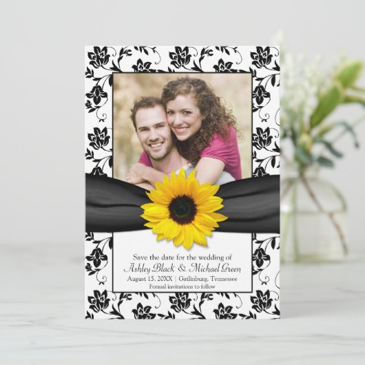 Black Yellow Floral Damask Sunflower Save the Date (Staand voorkant)