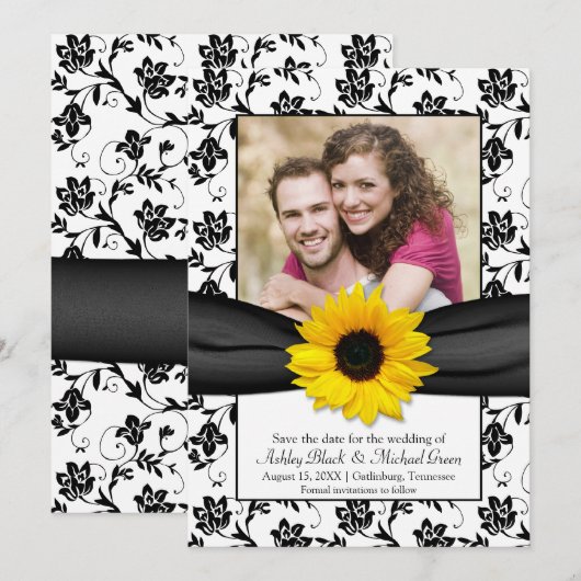 Black Yellow Floral Damask Sunflower Save the Date (Voorkant / Achterkant)