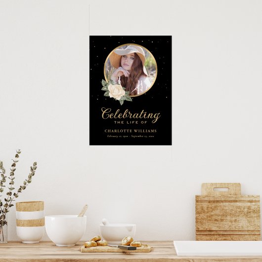 Black Yellow Gold Floral Funeral Sign. Poster (Keuken)