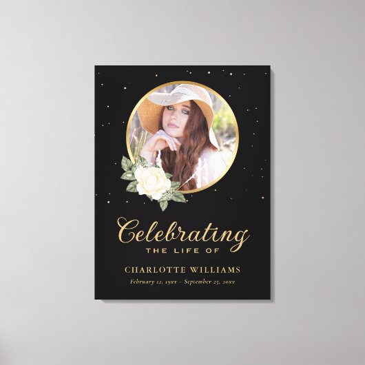 Black Yellow Gold Floral Funeral Welcome Sign Canvas Afdruk (Voorkant)