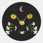 Black Yellow Gold Flower Cat Face Moon Sticker (Voorkant)