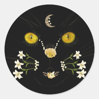 Black Yellow Gold Flower Cat Face Moon Sticker