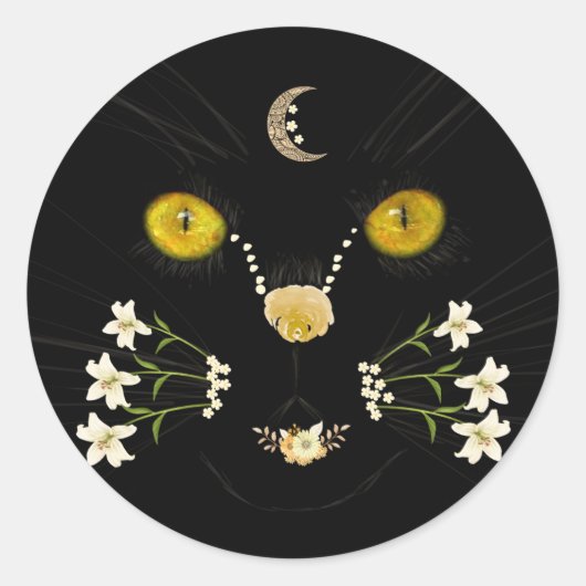 Black Yellow Gold Flower Cat Face Moon Sticker (Voorkant)