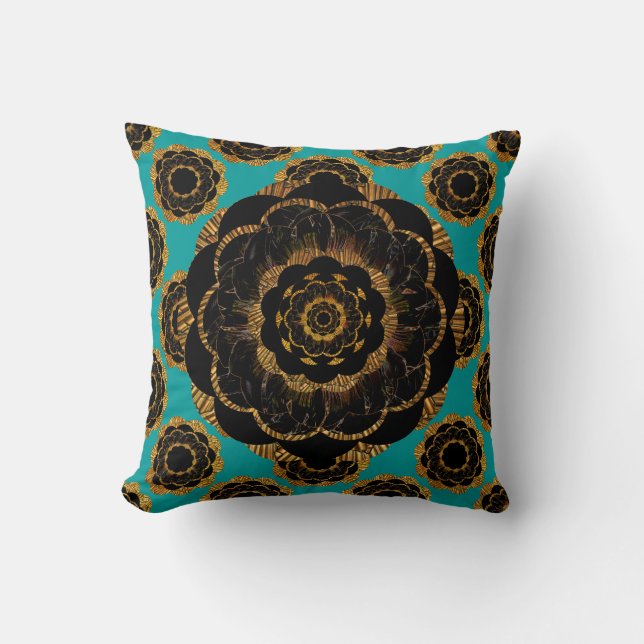 Black Yellow Gold Mandala Design - Aqua Kussen (Voorkant)