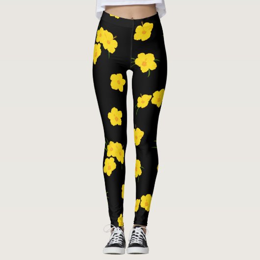 Black Yellow Hibiscus Flower gepattereerd Leggings (Voorkant)