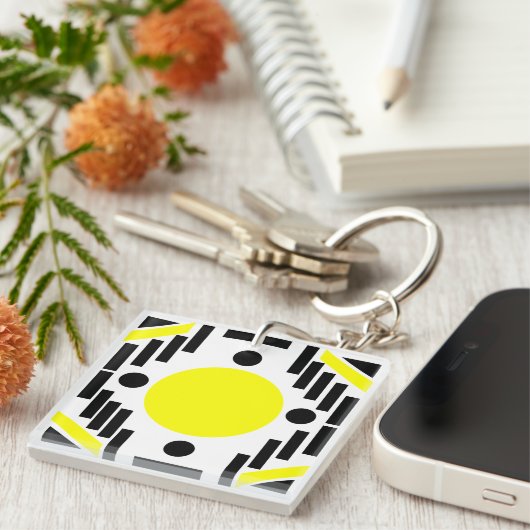 Black Yellow Modern Geometric Mandala Pattern Sleutelhanger (Voorkant Rechts)