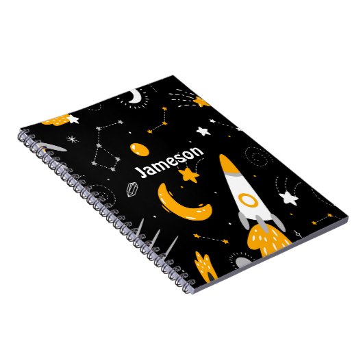 Black Yellow Outer Space Galaxy Rocket Notitieboek (Rechterzijde)