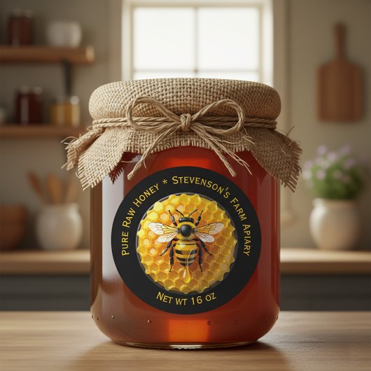 Black & Yellow Realistic Honey Bee Honeycomb Jar Ronde Sticker
